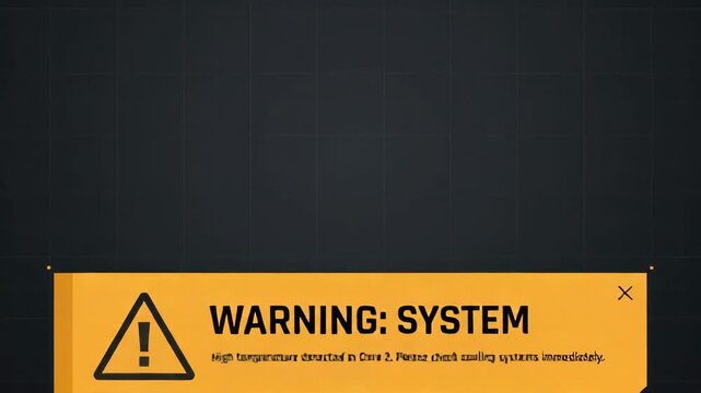 digital warning box displaying system overload alert appears as notification pop-up against dark gray grid background representing computer interface or network security failure environment
