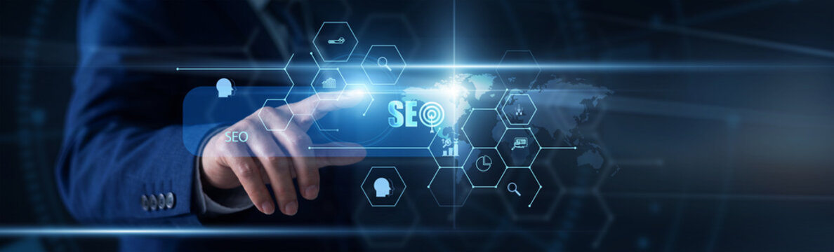 SEO specialist hand pointing at SEO strategy data on a global digital security interface screen. Digital marketer using interactive tablet to analyze search ranking metrics.