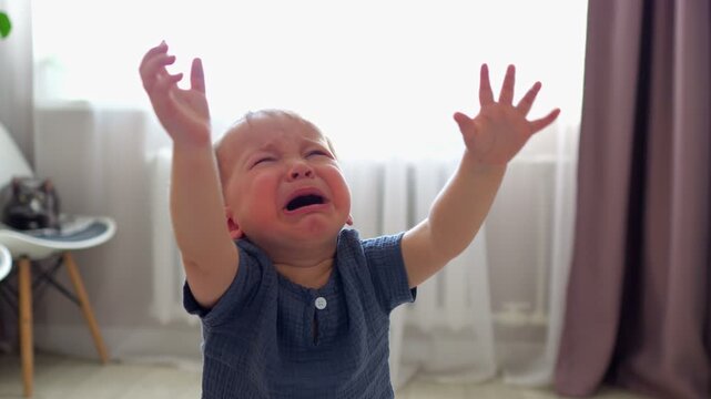 Upset Little Child Stands Crying With Open Mouth And Raised Hands Inside Apartment. Weeping Toddler Displays Intense Negative Feelings And Desperation, Sobbing Loudly During Stormy Home Moment.