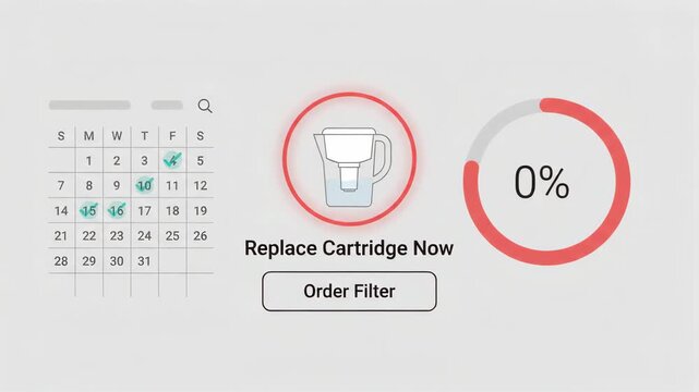 Water filter pitcher status indicator icon showing eighty-nine percent capacity with blue falling droplets against plain white background illustrating digital monitoring interface for purification