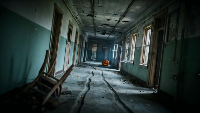 Abandoned hospital corridor with a carved pumpkin at the end and broken chairs, eerie atmosphere, decayed walls, vacant windows, and neglected space