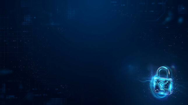 Blue lock security banner, futuristic technology concept, copy space, alternate view