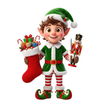Cute christmas elf holding stocking and nutcracker isolated on transparent background
