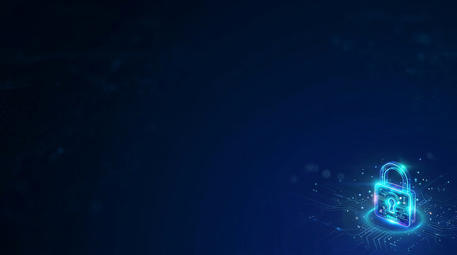 Blue lock security banner, futuristic technology concept, copy space, different angle