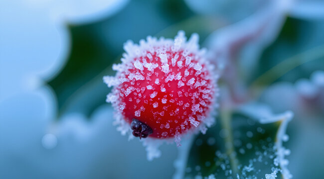 Delicate macro shot of a frost-covered red berry. Intricate crystalline patterns against bright red skin and blurred holly leaves. Crisp, icy blue morning mood. Frosty and quietly beautiful.
