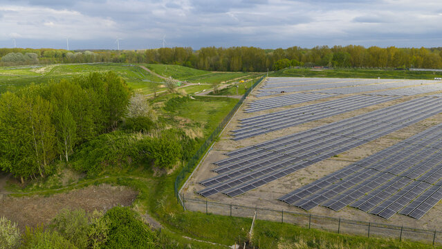 Aerial view of Zonnepark Braambergen solar park in Almere Netherlands