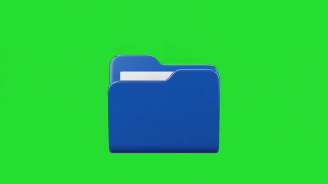 3D blue folder icon opening and closing animation on green screen