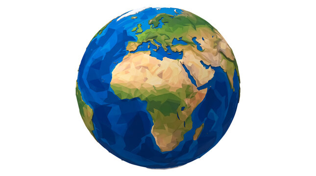 Low Poly Planet Earth Globe Isolated on Transparent Background, 3D Geometric Faceted World Sphere Showing Africa and Europe PNG Cutout for Modern Design
