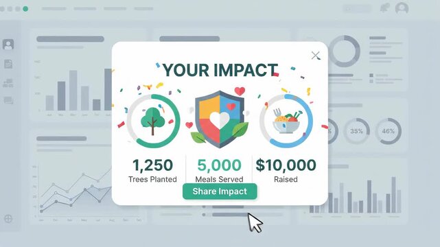 digital impact dashboard pop-up displays statistics for trees planted meals served and funds raised overlaying blurred data analytics interface with various charts and graphs in the background