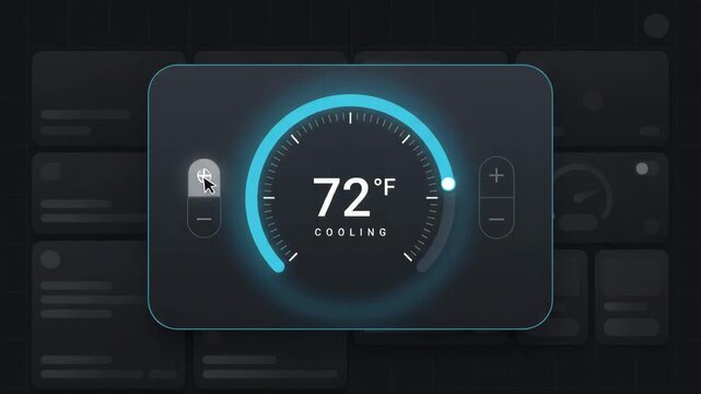 Digital thermostat interface showing cooling temperature setting on dashboard display with dark grid background for smart home climate control and energy monitoring systems