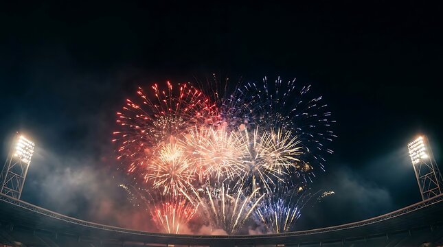 Fireworks display over a stadium at night
