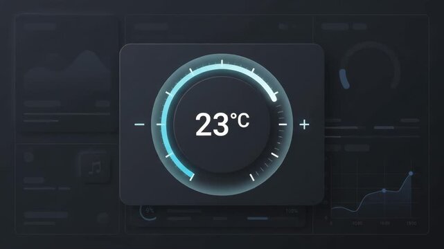 Digital thermostat control dial displaying twenty-one degrees Celsius centered on dark glass interface with blurred data visualization graphs and system widgets in the background