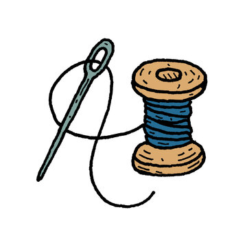 Hand-drawn icon illustration vintage wooden spool of blue thread with sewing needle, isolated on transparent background for tailor shop, DIY projects, scrapbooking, handmade, craft UI, game inventory.