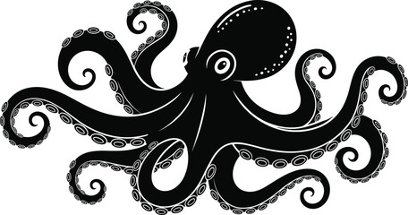 Detailed black silhouette of an octopus with long curling tentacles and suction cups, depicted in a flat style isolated on a plain white background © MdArifin