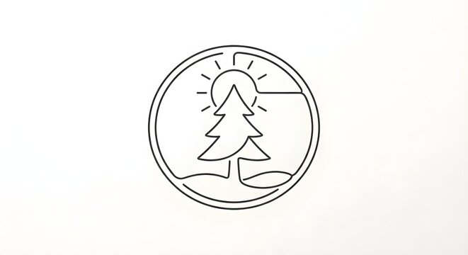 Continuous line art drawing of a pine tree surrounded by a circle frame with sun rays on a clean white background. Perfect for nature, camping, adventure, or outdoor brand identities.