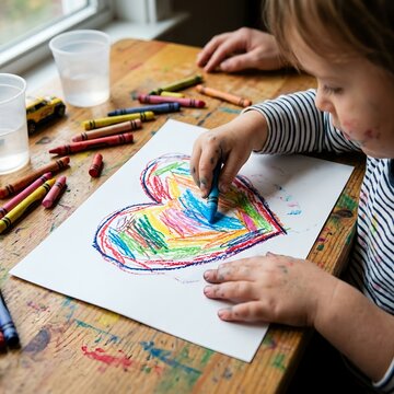 Drawing Colorful Heart with Crayons for childhood creativity, art therapy, preschool education, early development, love, family affection, and fine motor skills learning. Love, kindness, affection