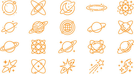 Orange Space Icon Set Featuring Planets, Saturn Rings, Atomic Orbits, Galaxies, Stars, Comets, and Celestial Astronomy Symbols © Sreemotimadhobi