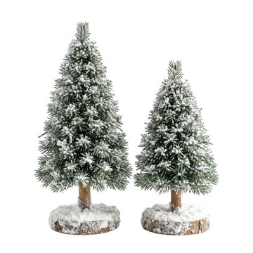 Two decorative frosted miniature christmas trees isolated on transparent background