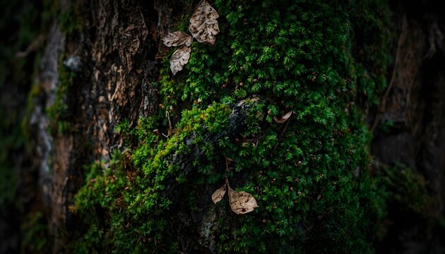 Extreme macro photography of rustic tree bark covered in emerald green moss and tiny dry brown leaves, delicate textures of nature
