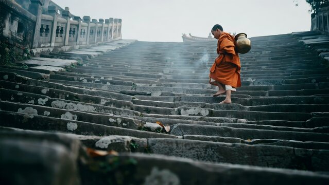 Young Buddhist Monk Walking Down Weathered Stone Steps on Cloudy Day