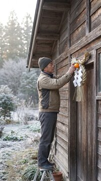 Japanese Man Decorating Wooden House Entrance with Traditional New Year's Ornament Kadomatsu