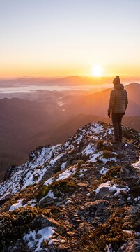 Man standing on snowy mountain peak watching sunrise over misty valley and distant mountains