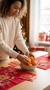 Woman arranging tangerines and red envelopes for Lunar New Year celebration with Christmas tree in background