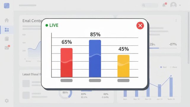 colorful bar chart floating in pop-up window displayed over blurred financial analytics dashboard interface on computer screen showing various data visualizations and performance metrics