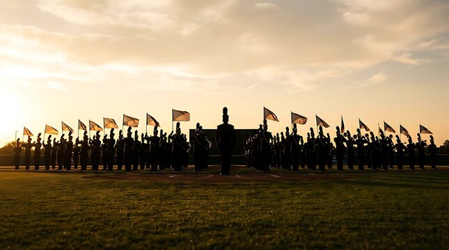 Marching band silhouetted at sunset