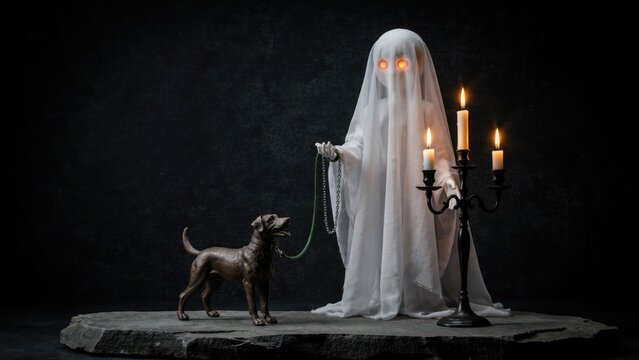 Ghost figure draped in a white sheet with glowing orange eyes, holding a leash attached to a bronze dog statue beside a lit candelabra
