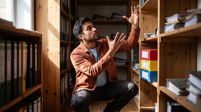 Office worker catches invisible tasks in an archive alcove