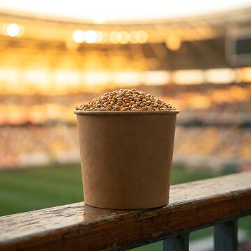 Bucket of raw popcorn kernels at a stadium