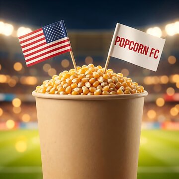 Popcorn cup with american and popcorn fc flags in stadium