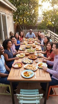 Outdoor Dinner Party: A diverse group of friends and family enjoys a lively outdoor dinner party, sharing food and laughter around a long wooden table set in a sun-drenched backyard.
