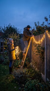 Decorating the Fence: A couple in warm winter coats decorates a wooden fence with twinkling fairy lights, creating a festive and cozy atmosphere in their garden at dusk.