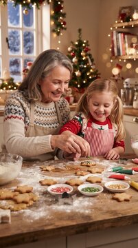 Christmas Cookie Baking Fun: A happy grandmother and her granddaughter share a warm moment decorating festive Christmas cookies in a cozy kitchen adorned with holiday lights and a decorated tree.