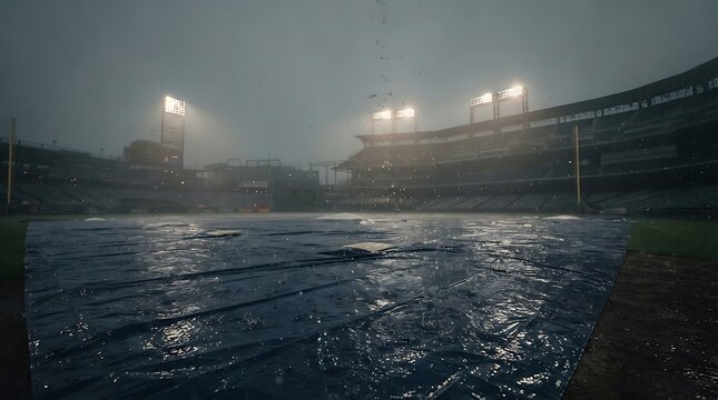 Baseball stadium under rain and tarp
