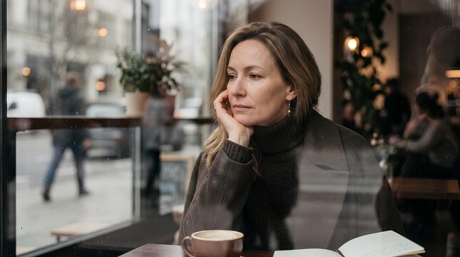 Thoughtful Mature Woman Sitting Alone in a Cafe by the Window