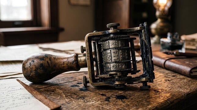 Antique Mechanical Date Stamp on Vintage Wooden Desk