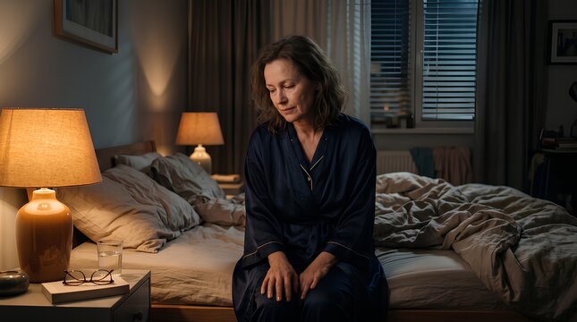 Mature Woman Sitting on Bed at Night Feeling Tired and Thoughtful