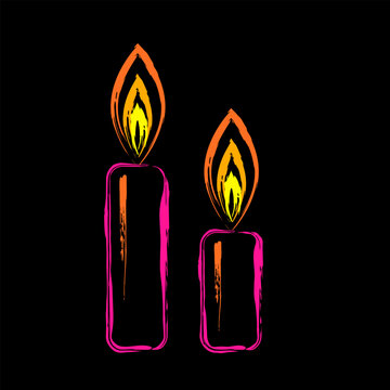 Outline illustration of burning candles. Rough paint strokes in grunge style. Vibrant neon colors. Design element isolated on black for Christmas, new year holiday.