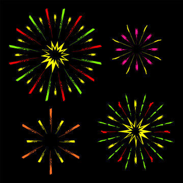Outline icon of fireworks, pyrotechnics explosion painted with brush strokes in grunge style. Vivid neon colors. Design element isolated on black for various holiday decorations