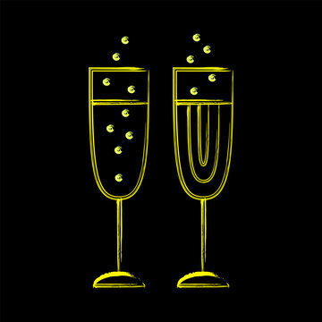 Outline icons of glass of champagne painted with rough brush strokes. Graffiti like style. Vivid neon colors. Design element isolated on black for various holiday decorations