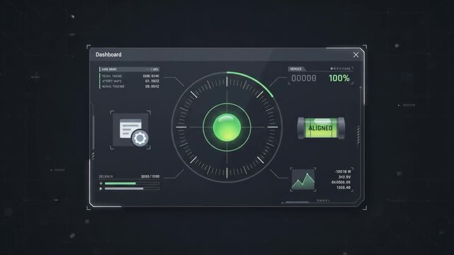 digital dashboard interface displaying data analysis and metrics centered on radar target display against dark minimalist tech-focused background with subtle grid lines and light particles