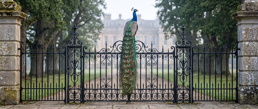 Peacock at Grand Gate: A majestic peacock stands proudly in front of an ornate wrought-iron gate, with a grand estate visible in the background under a misty sky.