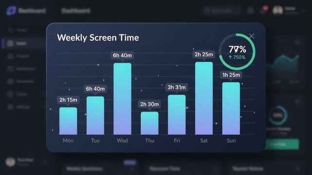 digital weekly screen time bar chart displays usage data in pop-up window over blurred analytical software dashboard interface with various other metrics visible in the background