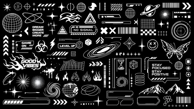 Cyberpunk futuristic graphic elements collection featuring glowing white vector shapes interface HUD items stars globes arrows abstract symbols retro y2k tech motifs on solid black background