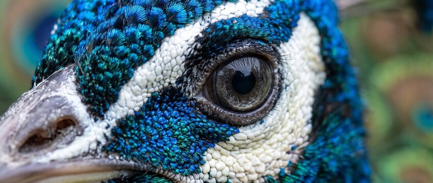 Peacock's Eye Close-Up: A striking close-up reveals the intricate detail of a peacock's eye, surrounded by vibrant blue and green iridescent feathers, showcasing nature's exquisite artistry.