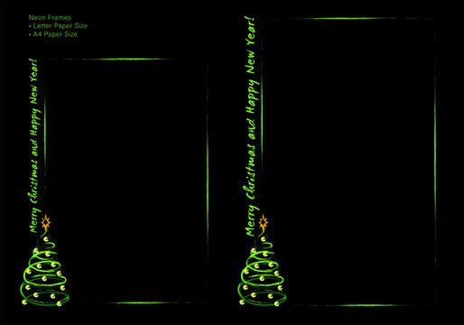 Vertical festive neon frame, border with Christmas tree, text congratulation, fluorescent paint strokes. A4 and Letter paper size. Template for greeting card, menu, poster, invitation etc