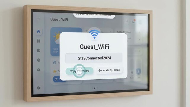 wall-mounted smart home display screen showing guest Wi-Fi connection credentials in modern living room interior with blurred window view in the background